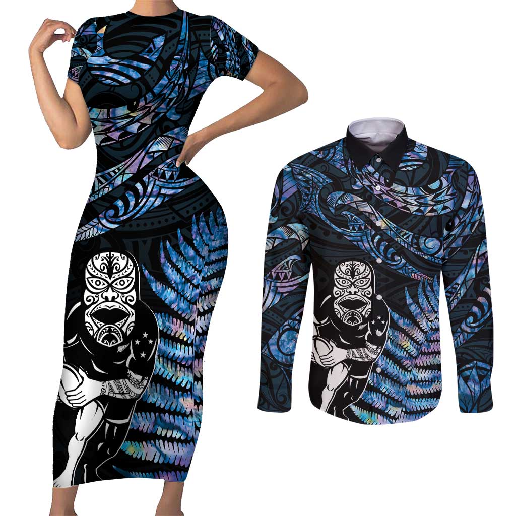New Zealand Maori Rugby Personalised Couples Matching Short Sleeve Bodycon Dress and Long Sleeve Button Shirt Ta Moko Silver Fern - Paua Blue LT7 Blue - Polynesian Pride