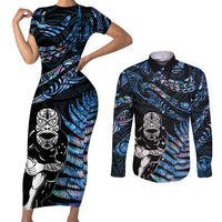 New Zealand Maori Rugby Personalised Couples Matching Short Sleeve Bodycon Dress and Long Sleeve Button Shirt Ta Moko Silver Fern - Paua Blue LT7 Blue - Polynesian Pride