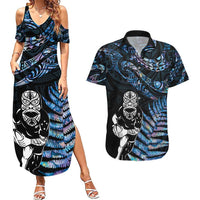 New Zealand Maori Rugby Personalised Couples Matching Summer Maxi Dress and Hawaiian Shirt Ta Moko Silver Fern - Paua Blue LT7 Blue - Polynesian Pride
