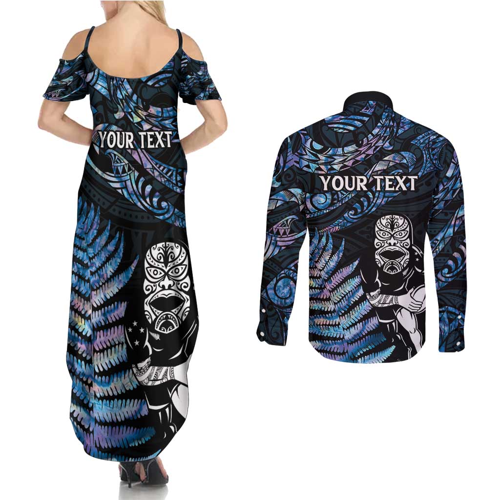 New Zealand Maori Rugby Personalised Couples Matching Summer Maxi Dress and Long Sleeve Button Shirt Ta Moko Silver Fern - Paua Blue LT7 - Polynesian Pride
