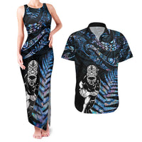 New Zealand Maori Rugby Personalised Couples Matching Tank Maxi Dress and Hawaiian Shirt Ta Moko Silver Fern - Paua Blue LT7 Blue - Polynesian Pride