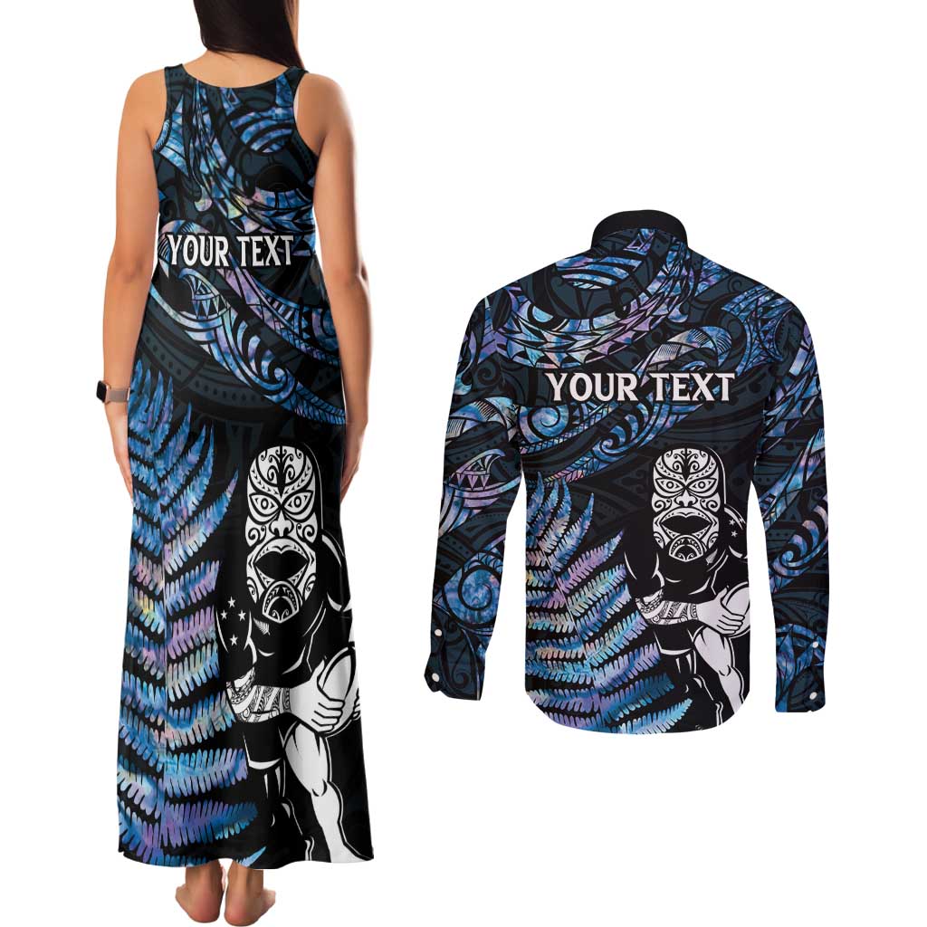 New Zealand Maori Rugby Personalised Couples Matching Tank Maxi Dress and Long Sleeve Button Shirt Ta Moko Silver Fern - Paua Blue LT7 - Polynesian Pride