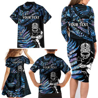 New Zealand Maori Rugby Personalised Family Matching Long Sleeve Bodycon Dress and Hawaiian Shirt Ta Moko Silver Fern - Paua Blue