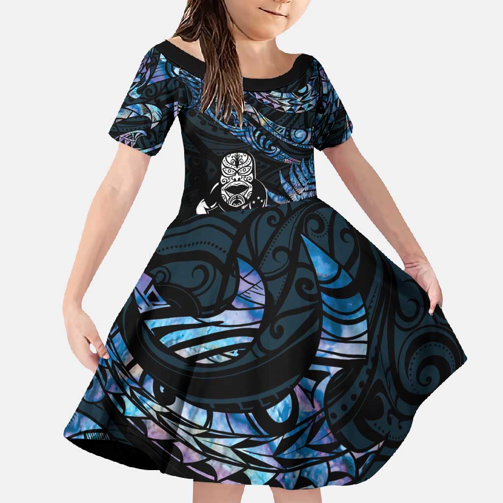 New Zealand Maori Rugby Personalised Family Matching Mermaid Dress and Hawaiian Shirt Ta Moko Silver Fern - Paua Blue LT7 Daughter's Dress Blue - Polynesian Pride