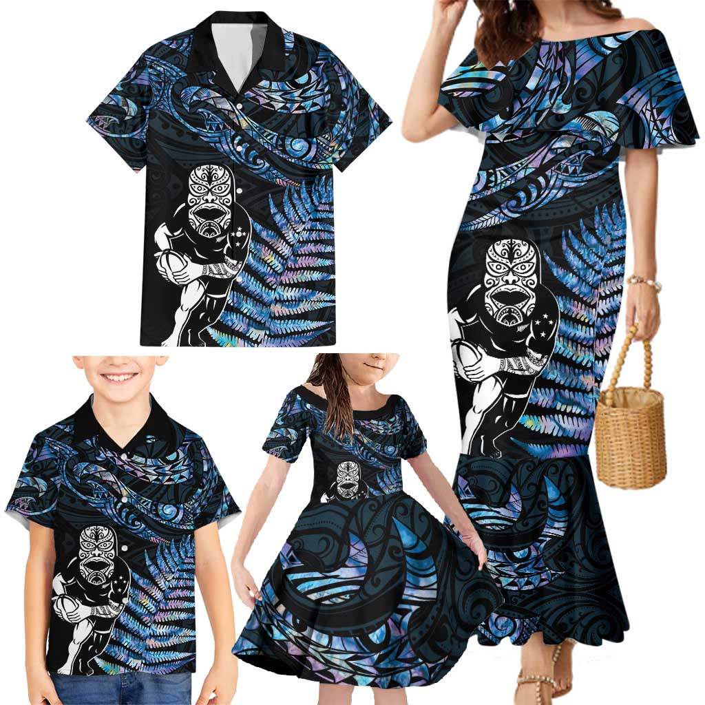 New Zealand Maori Rugby Personalised Family Matching Mermaid Dress and Hawaiian Shirt Ta Moko Silver Fern - Paua Blue LT7 - Polynesian Pride
