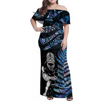 New Zealand Maori Rugby Personalised Family Matching Off Shoulder Maxi Dress and Hawaiian Shirt Ta Moko Silver Fern - Paua Blue LT7 Mom's Dress Blue - Polynesian Pride