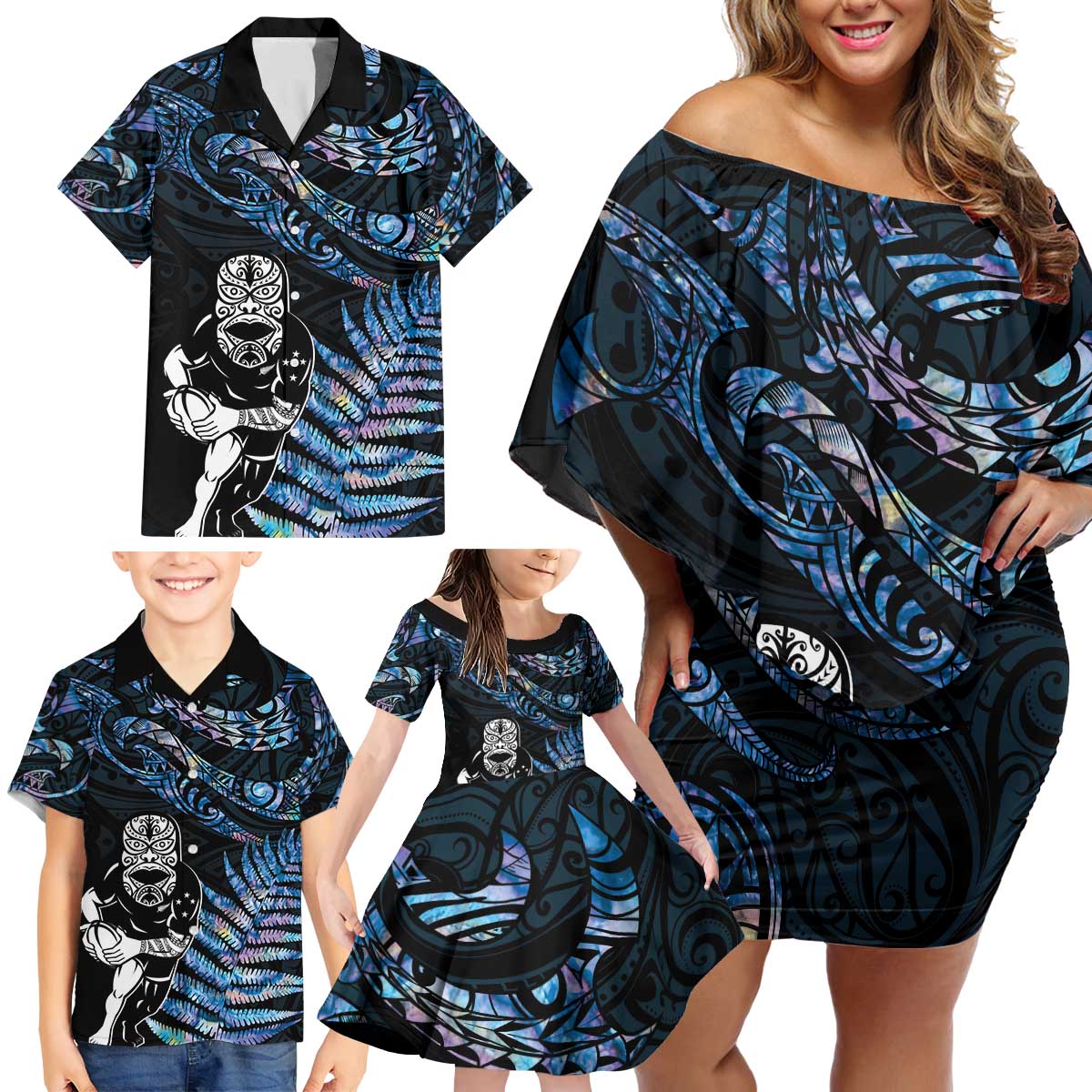 New Zealand Maori Rugby Personalised Family Matching Off Shoulder Short Dress and Hawaiian Shirt Ta Moko Silver Fern - Paua Blue LT7 - Polynesian Pride