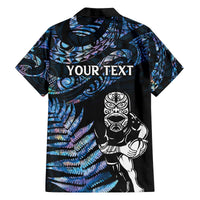 New Zealand Maori Rugby Personalised Family Matching Off Shoulder Short Dress and Hawaiian Shirt Ta Moko Silver Fern - Paua Blue LT7 - Polynesian Pride