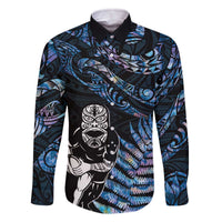 New Zealand Maori Rugby Personalised Family Matching Off Shoulder Short Dress and Hawaiian Shirt Ta Moko Silver Fern - Paua Blue LT7 Dad's Shirt - Long Sleeve Blue - Polynesian Pride
