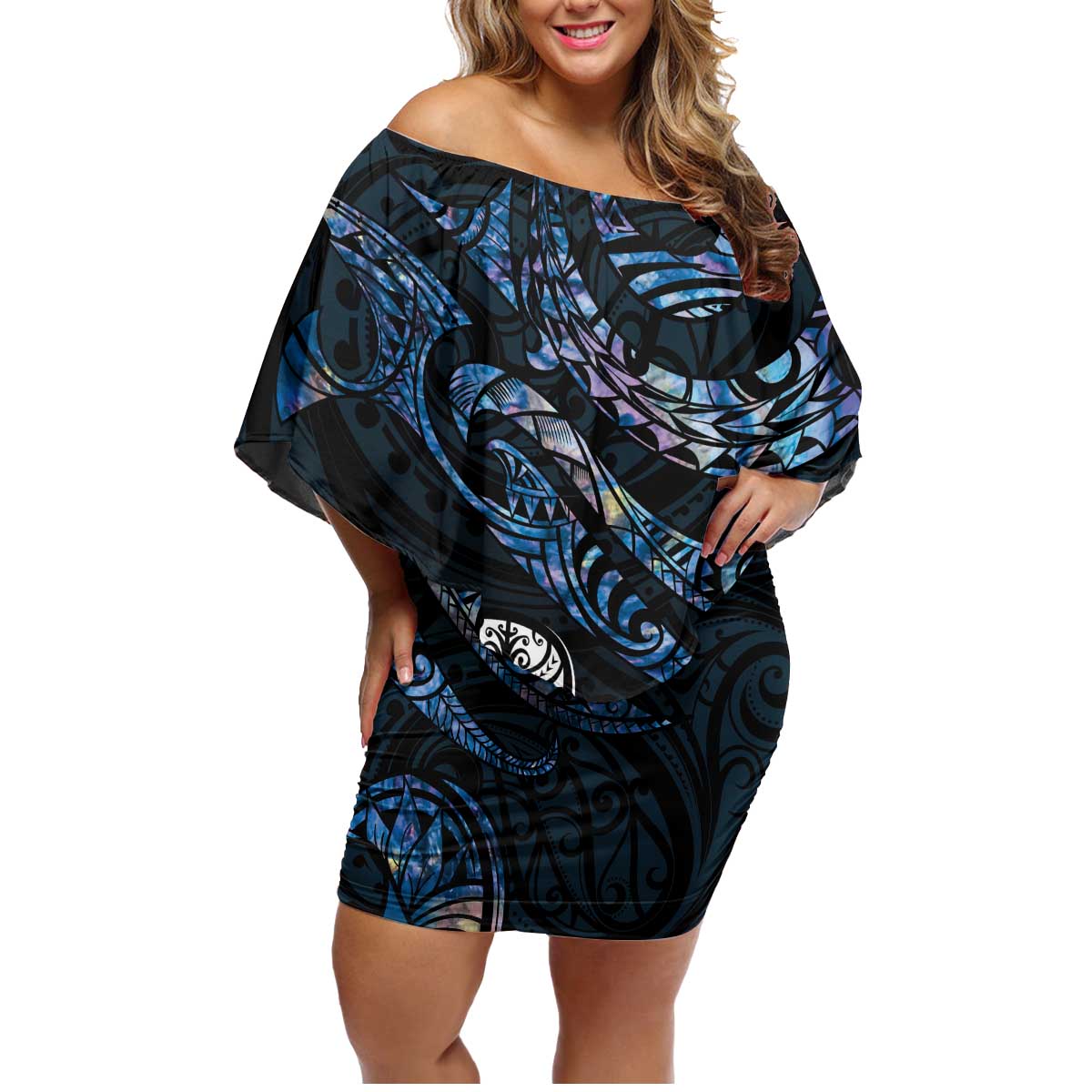 New Zealand Maori Rugby Personalised Family Matching Off Shoulder Short Dress and Hawaiian Shirt Ta Moko Silver Fern - Paua Blue LT7 Mom's Dress Blue - Polynesian Pride