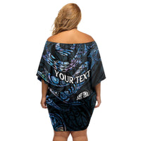New Zealand Maori Rugby Personalised Family Matching Off Shoulder Short Dress and Hawaiian Shirt Ta Moko Silver Fern - Paua Blue LT7 - Polynesian Pride