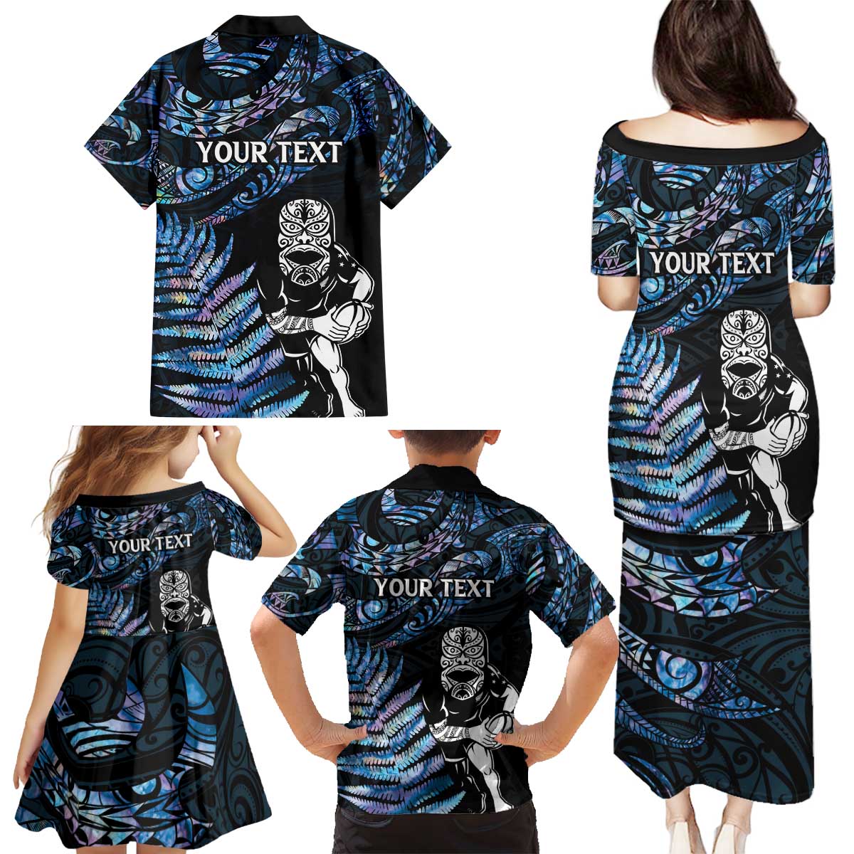 New Zealand Maori Rugby Personalised Family Matching Puletasi and Hawaiian Shirt Ta Moko Silver Fern - Paua Blue LT7 - Polynesian Pride