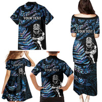 New Zealand Maori Rugby Personalised Family Matching Puletasi and Hawaiian Shirt Ta Moko Silver Fern - Paua Blue LT7 - Polynesian Pride