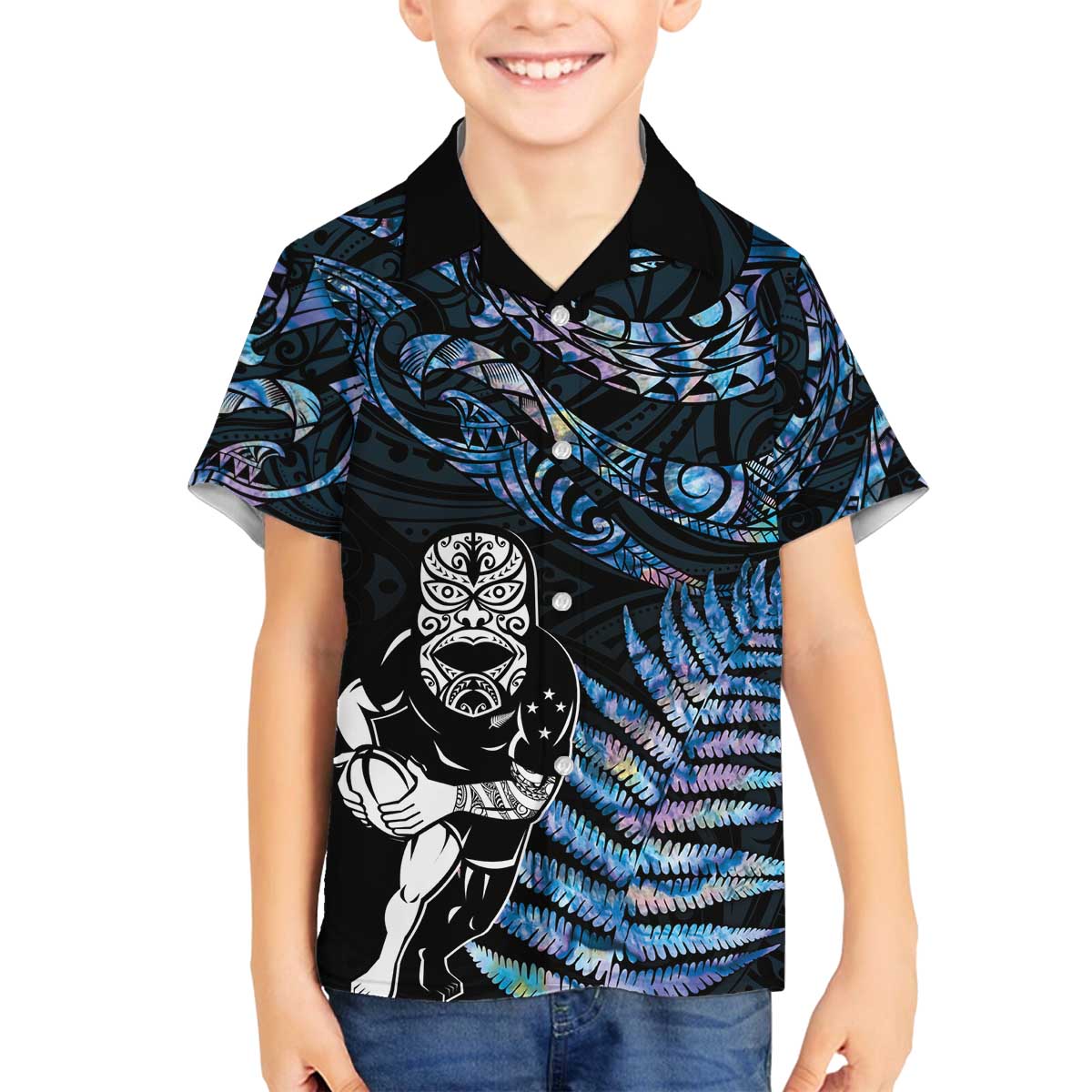 New Zealand Maori Rugby Personalised Family Matching Puletasi and Hawaiian Shirt Ta Moko Silver Fern - Paua Blue LT7 Son's Shirt Blue - Polynesian Pride
