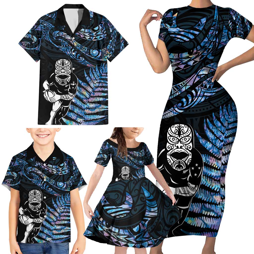 New Zealand Maori Rugby Personalised Family Matching Short Sleeve Bodycon Dress and Hawaiian Shirt Ta Moko Silver Fern - Paua Blue LT7 - Polynesian Pride