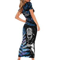 New Zealand Maori Rugby Personalised Family Matching Short Sleeve Bodycon Dress and Hawaiian Shirt Ta Moko Silver Fern - Paua Blue LT7 - Polynesian Pride