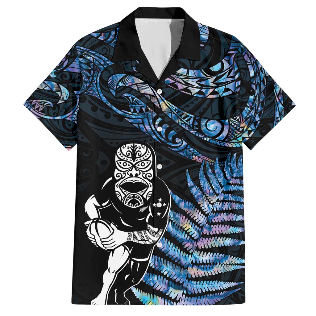 New Zealand Maori Rugby Personalised Family Matching Summer Maxi Dress and Hawaiian Shirt Ta Moko Silver Fern - Paua Blue LT7 Dad's Shirt - Short Sleeve Blue - Polynesian Pride