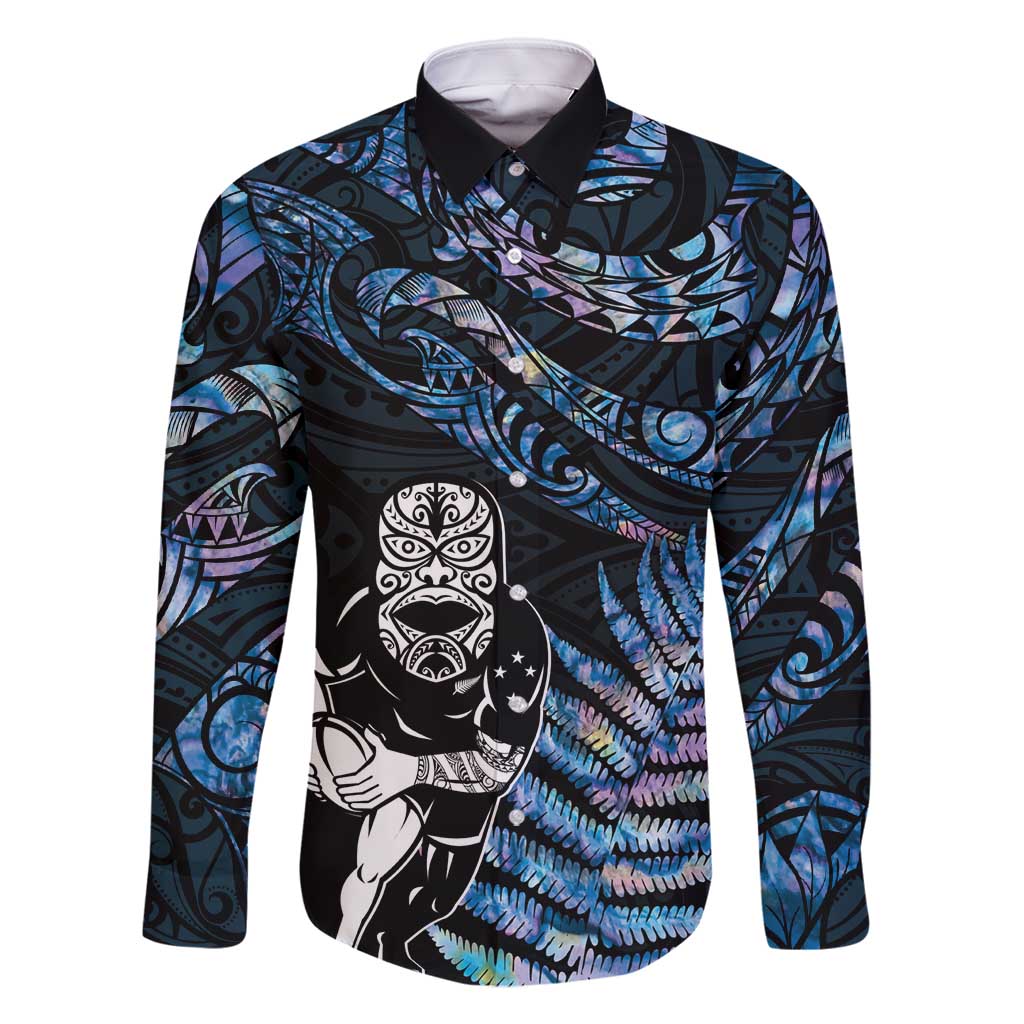 New Zealand Maori Rugby Personalised Family Matching Tank Maxi Dress and Hawaiian Shirt Ta Moko Silver Fern - Paua Blue LT7 Dad's Shirt - Long Sleeve Blue - Polynesian Pride