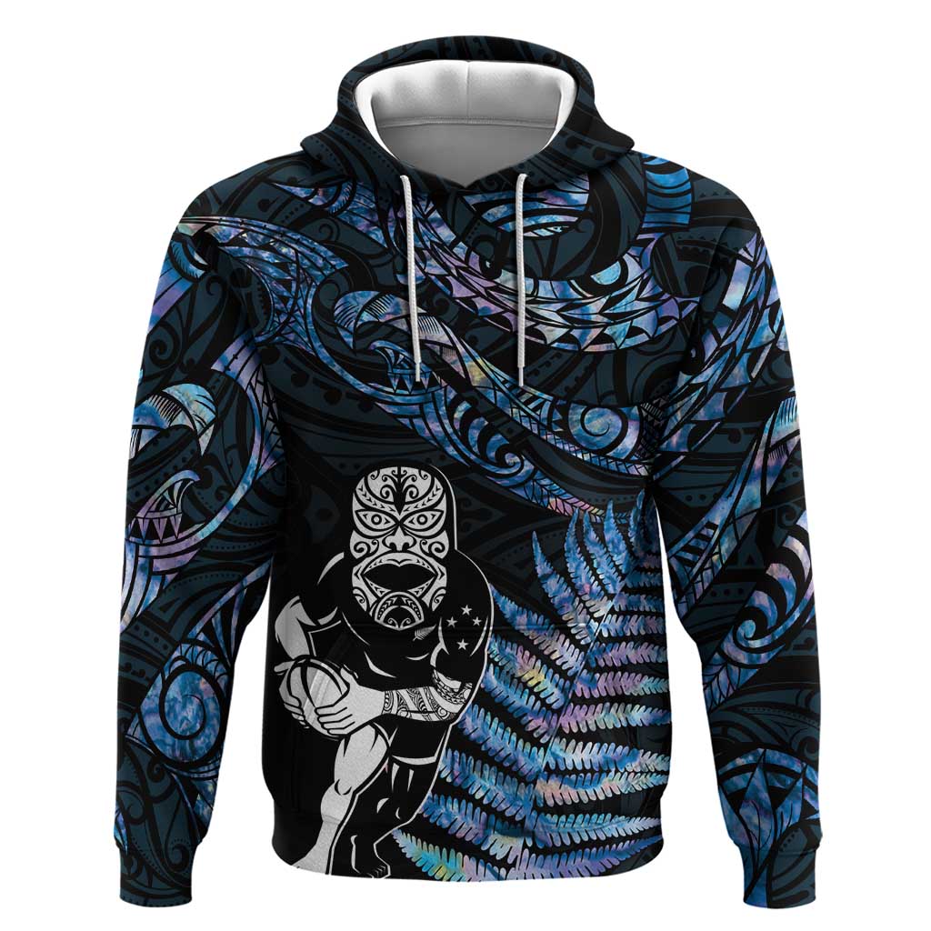 New Zealand Maori Rugby Personalised Hoodie Ta Moko Silver Fern - Paua Blue