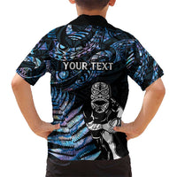 New Zealand Maori Rugby Personalised Kid Hawaiian Shirt Ta Moko Silver Fern - Paua Blue