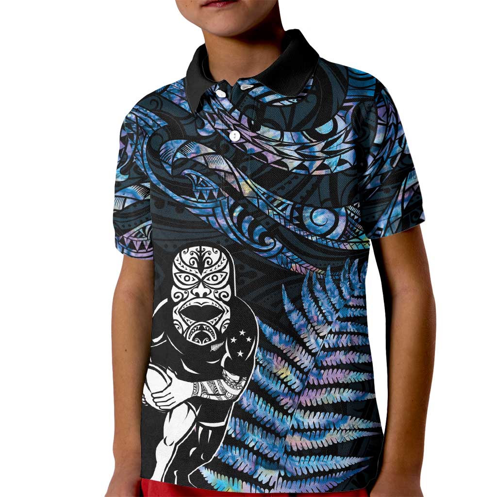 New Zealand Maori Rugby Personalised Kid Polo Shirt Ta Moko Silver Fern - Paua Blue LT7 Kid Blue - Polynesian Pride