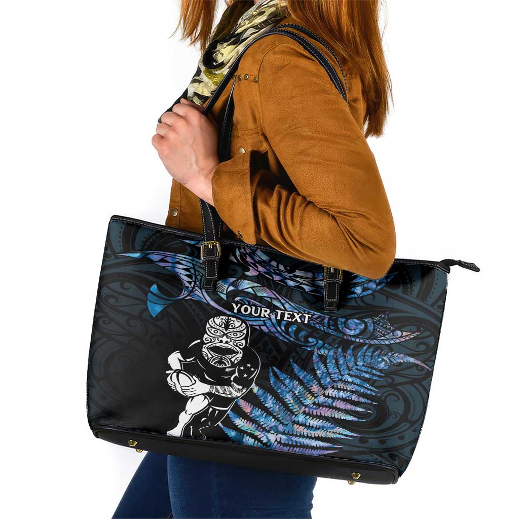 New Zealand Maori Rugby Personalised Leather Tote Bag Ta Moko Silver Fern - Paua Blue LT7 Blue - Polynesian Pride