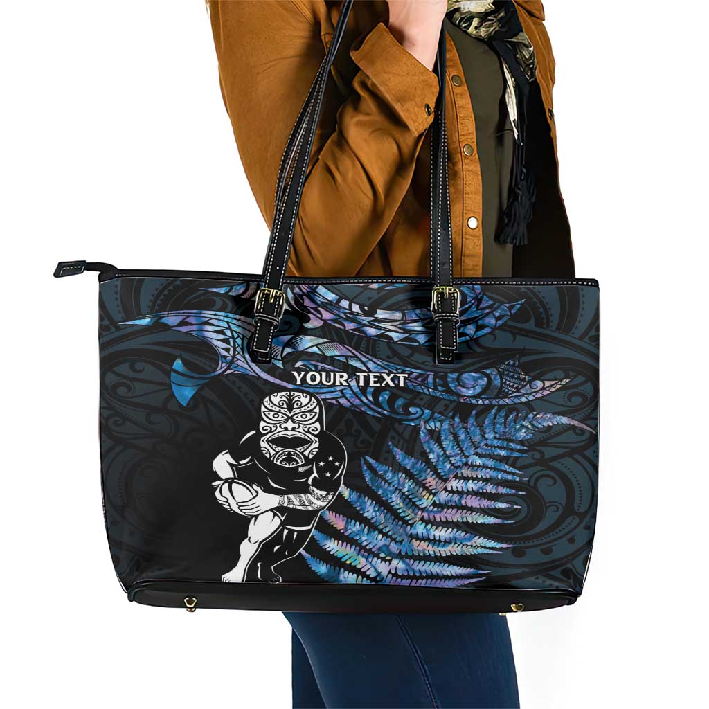 New Zealand Maori Rugby Personalised Leather Tote Bag Ta Moko Silver Fern - Paua Blue LT7 - Polynesian Pride