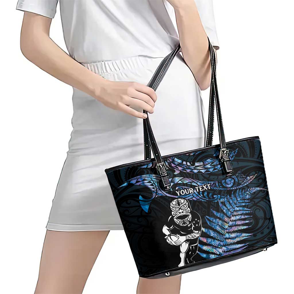 New Zealand Maori Rugby Personalised Leather Tote Bag Ta Moko Silver Fern - Paua Blue LT7 - Polynesian Pride