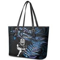 New Zealand Maori Rugby Personalised Leather Tote Bag Ta Moko Silver Fern - Paua Blue LT7 - Polynesian Pride