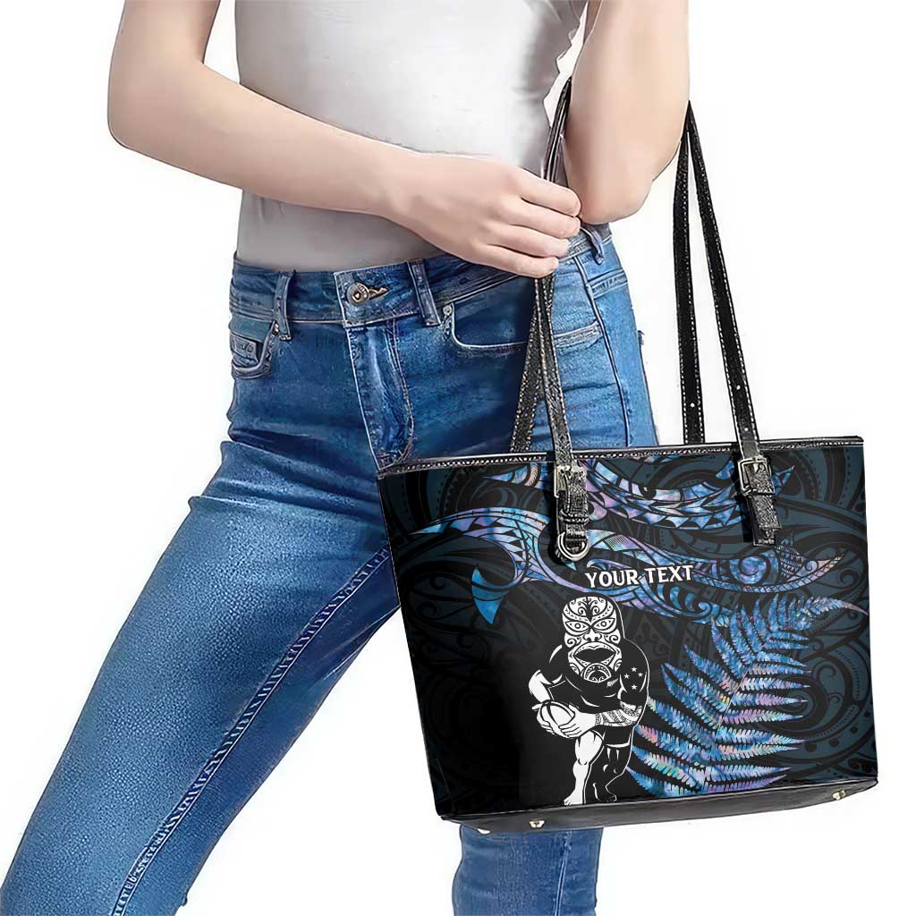 New Zealand Maori Rugby Personalised Leather Tote Bag Ta Moko Silver Fern - Paua Blue LT7 - Polynesian Pride