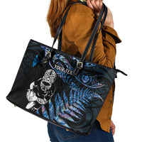 New Zealand Maori Rugby Personalised Leather Tote Bag Ta Moko Silver Fern - Paua Blue LT7 - Polynesian Pride