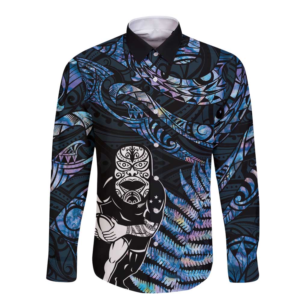 New Zealand Maori Rugby Personalised Long Sleeve Button Shirt Ta Moko Silver Fern - Paua Blue LT7 Unisex Blue - Polynesian Pride