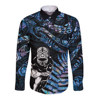 New Zealand Maori Rugby Personalised Long Sleeve Button Shirt Ta Moko Silver Fern - Paua Blue LT7 Unisex Blue - Polynesian Pride
