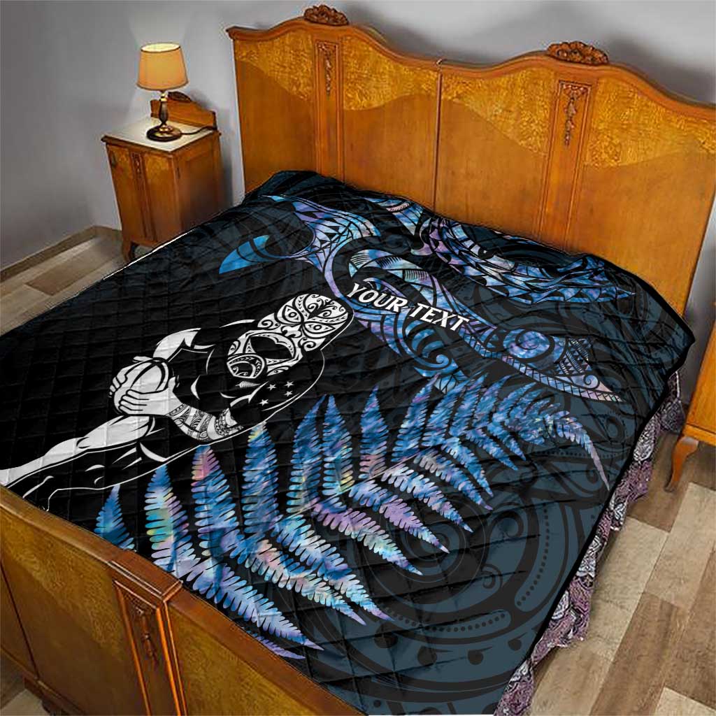 New Zealand Maori Rugby Personalised Quilt Ta Moko Silver Fern - Paua Blue LT7 - Polynesian Pride