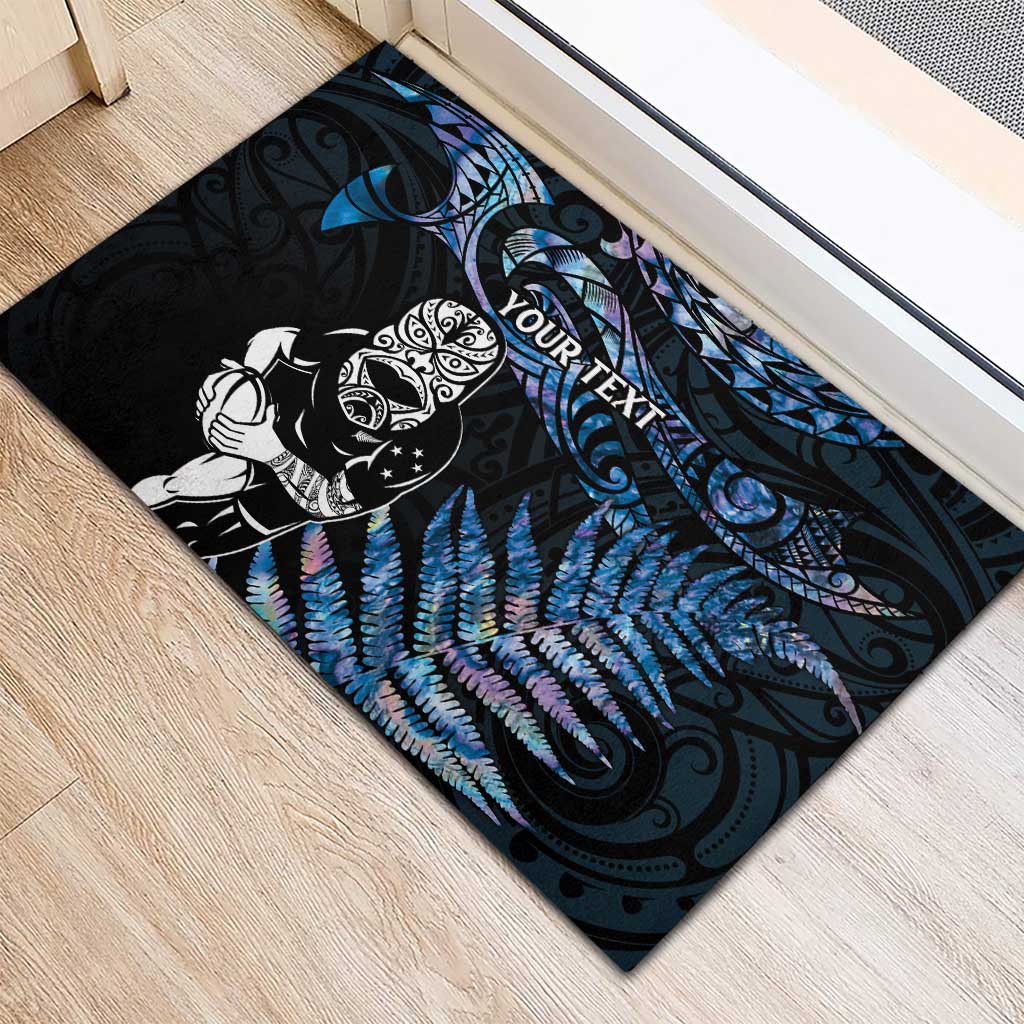 New Zealand Maori Rugby Personalised Rubber Doormat Ta Moko Silver Fern - Paua Blue LT7 - Polynesian Pride