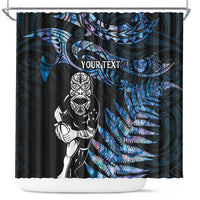 New Zealand Maori Rugby Personalised Shower Curtain Ta Moko Silver Fern - Paua Blue LT7 Blue - Polynesian Pride