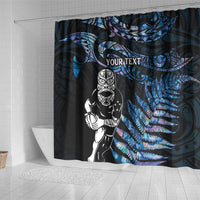New Zealand Maori Rugby Personalised Shower Curtain Ta Moko Silver Fern - Paua Blue LT7 - Polynesian Pride