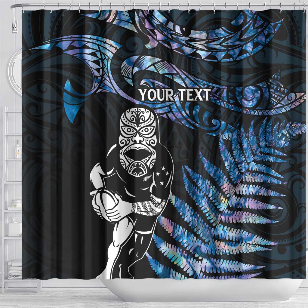 New Zealand Maori Rugby Personalised Shower Curtain Ta Moko Silver Fern - Paua Blue LT7 - Polynesian Pride