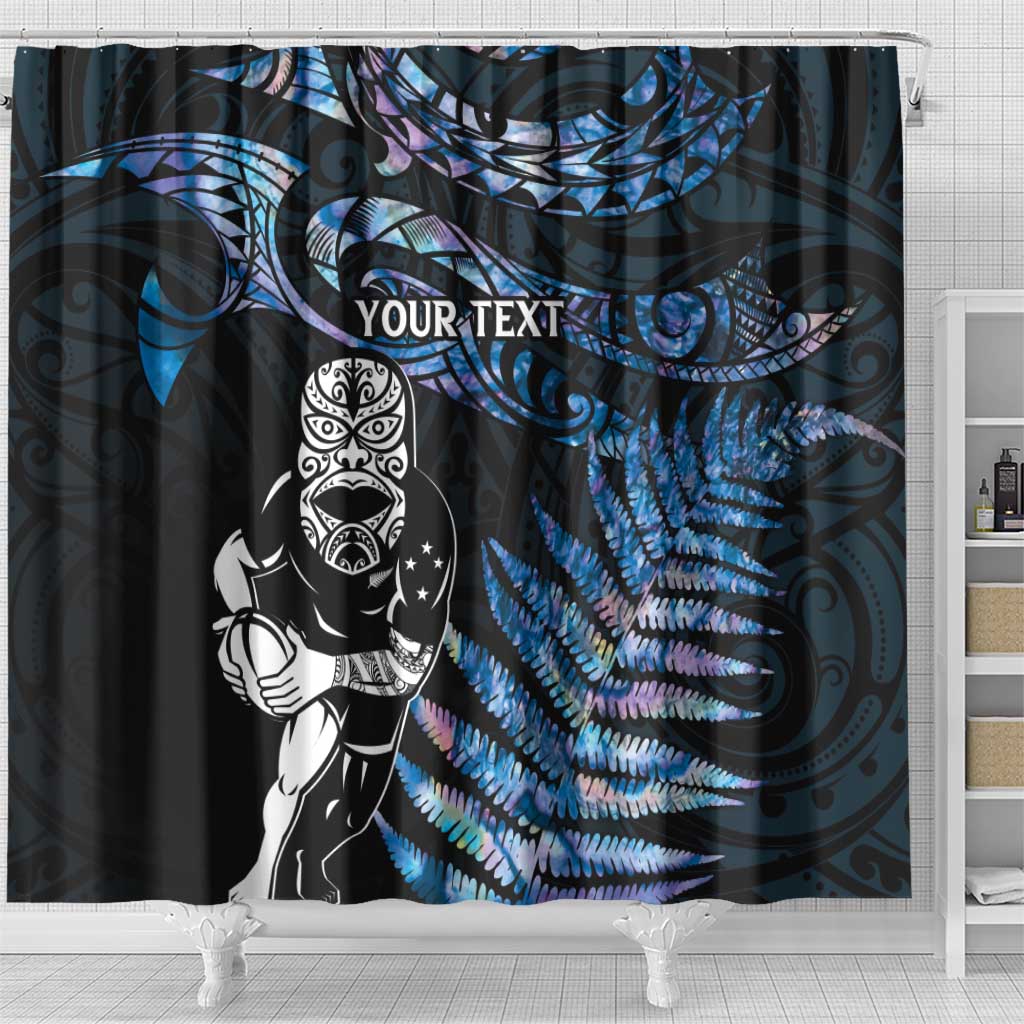 New Zealand Maori Rugby Personalised Shower Curtain Ta Moko Silver Fern - Paua Blue LT7 - Polynesian Pride
