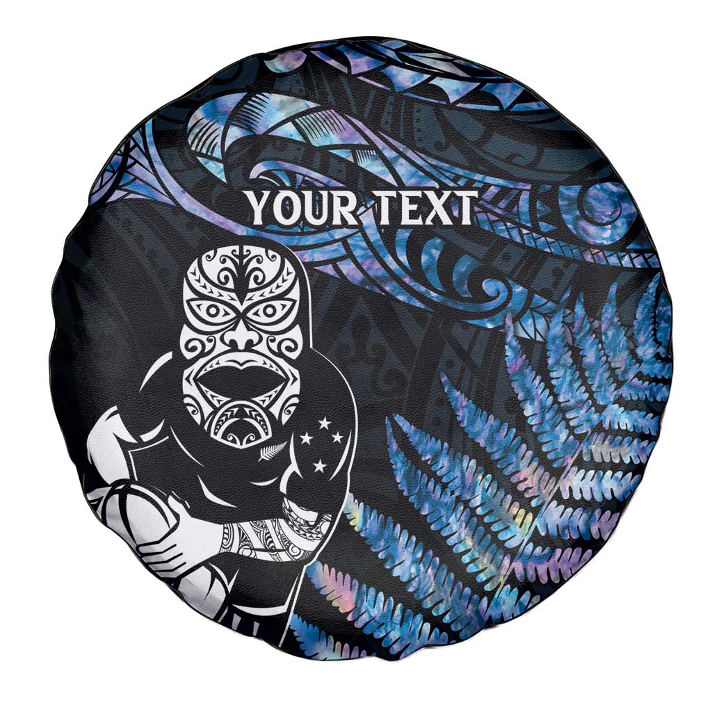 New Zealand Maori Rugby Personalised Spare Tire Cover Ta Moko Silver Fern - Paua Blue