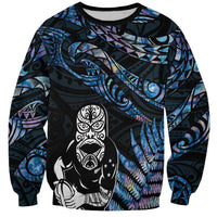 New Zealand Maori Rugby Personalised Sweatshirt Ta Moko Silver Fern - Paua Blue LT7 Unisex Blue - Polynesian Pride