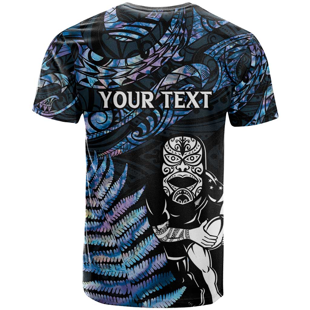 New Zealand Maori Rugby Personalised T Shirt Ta Moko Silver Fern - Paua Blue LT7 - Polynesian Pride