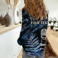 New Zealand Maori Rugby Personalised Women Casual Shirt Ta Moko Silver Fern - Paua Blue LT7 - Polynesian Pride