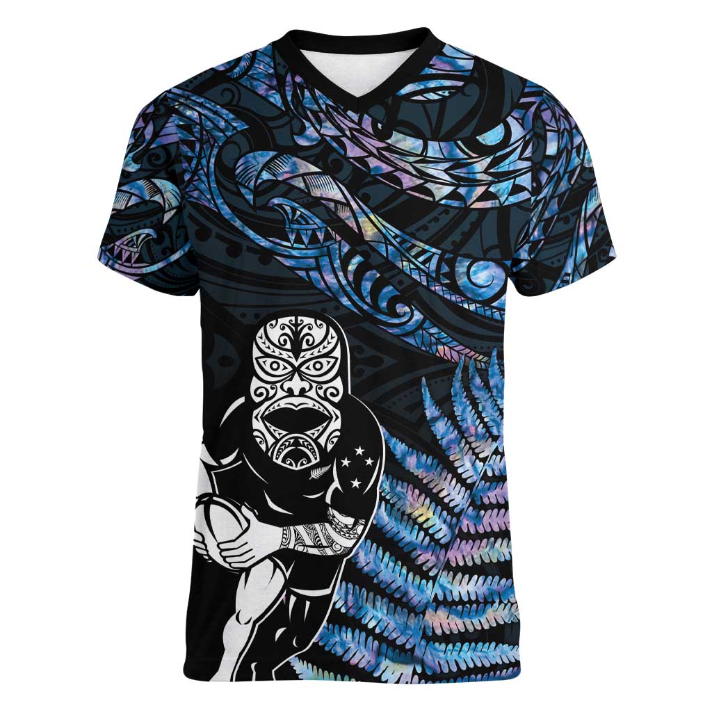 New Zealand Maori Rugby Personalised Women V-Neck T-Shirt Ta Moko Silver Fern - Paua Blue LT7 Female Blue - Polynesian Pride