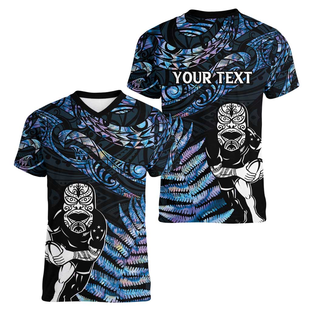 New Zealand Maori Rugby Personalised Women V-Neck T-Shirt Ta Moko Silver Fern - Paua Blue LT7 - Polynesian Pride