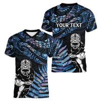 New Zealand Maori Rugby Personalised Women V-Neck T-Shirt Ta Moko Silver Fern - Paua Blue LT7 - Polynesian Pride