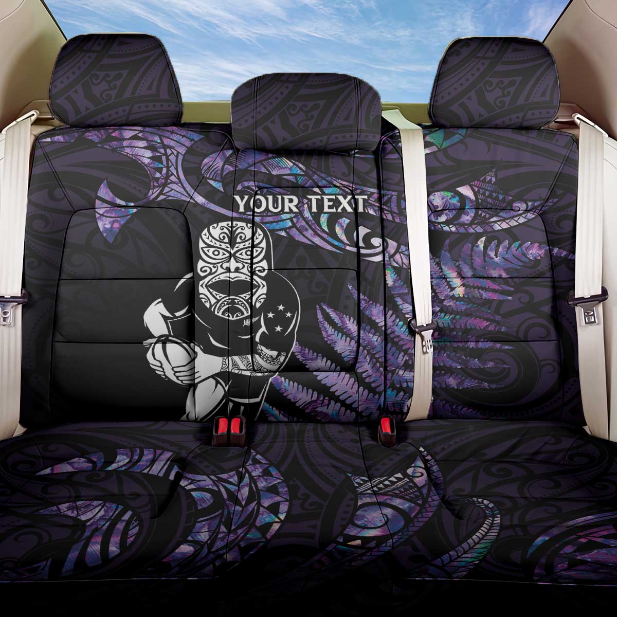 New Zealand Maori Rugby Personalised Back Car Seat Cover Ta Moko Silver Fern - Paua Purple