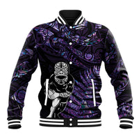 New Zealand Maori Rugby Personalised Baseball Jacket Ta Moko Silver Fern - Paua Purple LT7 Unisex Purple - Polynesian Pride