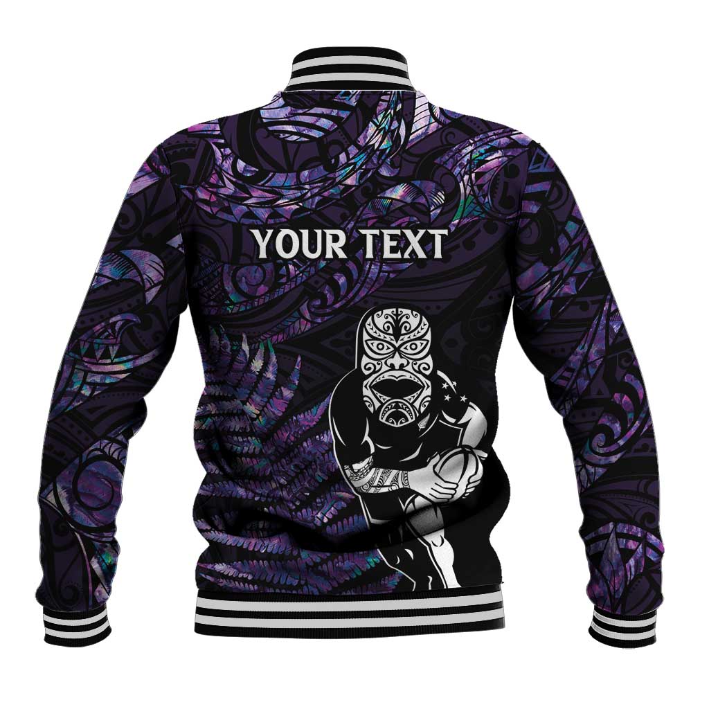 New Zealand Maori Rugby Personalised Baseball Jacket Ta Moko Silver Fern - Paua Purple LT7 - Polynesian Pride