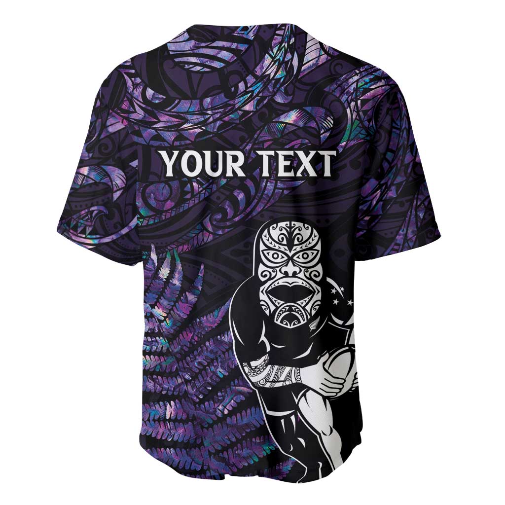 New Zealand Maori Rugby Personalised Baseball Jersey Ta Moko Silver Fern - Paua Purple LT7 - Polynesian Pride